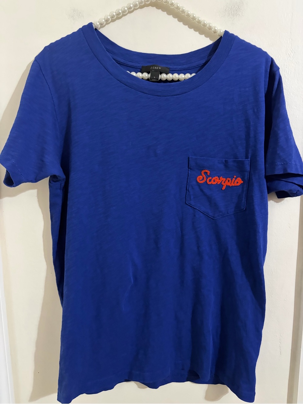 J. Crew women's  Cobalt Blue Short-Sleeve Pocket Tee with Red Scorpio Script